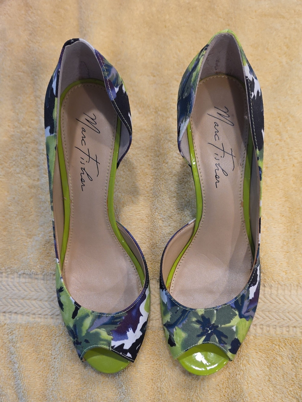 Marc Fisher Green and Black Floral Peep-Toe Heels